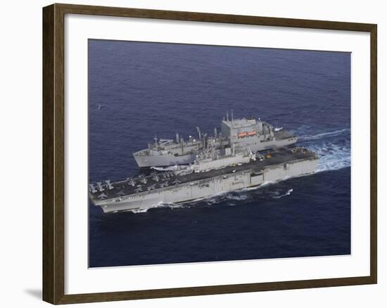 USS Kearsarge Pulls Alongside USNS Lewis and Clark for a Replenishment at Sea-Stocktrek Images-Framed Photographic Print