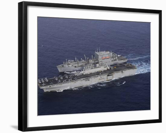 USS Kearsarge Pulls Alongside USNS Lewis and Clark for a Replenishment at Sea-Stocktrek Images-Framed Photographic Print