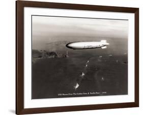 USS Macon over the Golden Gate and Pacific Fleet, 1934-Clyde Sunderland-Framed Art Print