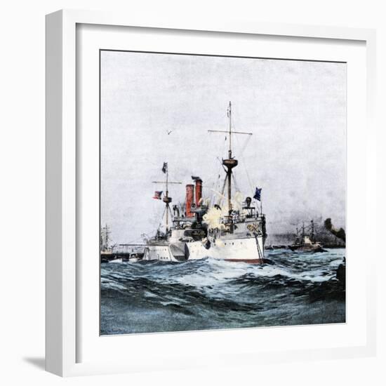 USS Maine Saluting the Spanish Flagship Upon Arrival in Havana Harbor, 1898-null-Framed Giclee Print