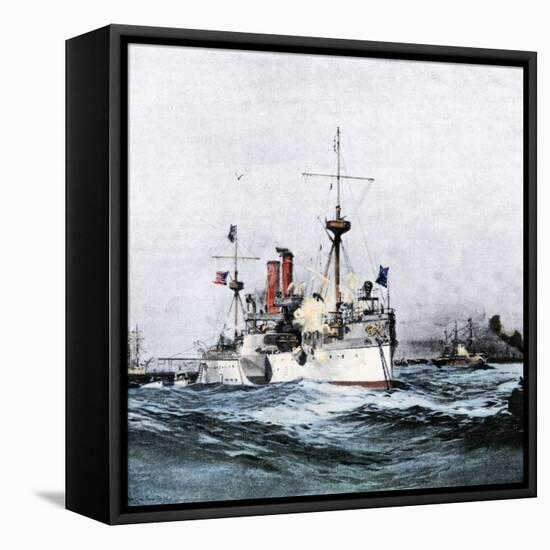 USS Maine Saluting the Spanish Flagship Upon Arrival in Havana Harbor, 1898-null-Framed Stretched Canvas