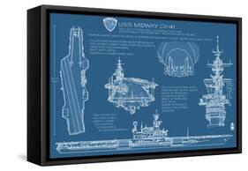 USS Midway Blue Print - San Diego, CA-Lantern Press-Framed Stretched Canvas