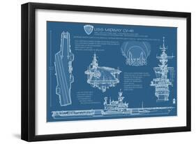 USS Midway Blue Print - San Diego, CA-Lantern Press-Framed Art Print