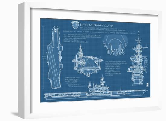 USS Midway Blue Print - San Diego, CA-Lantern Press-Framed Art Print