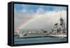 USS Missouri - Rainbow Scene-Lantern Press-Framed Stretched Canvas