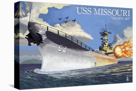 USS Missouri - Side View Guns-Lantern Press-Stretched Canvas