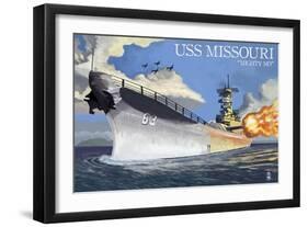 USS Missouri - Side View Guns-Lantern Press-Framed Art Print