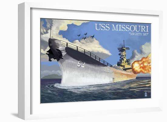 USS Missouri - Side View Guns-Lantern Press-Framed Art Print