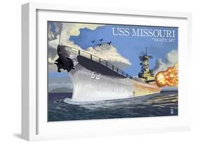 USS Missouri - Side View Guns-Lantern Press-Framed Art Print