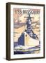 USS Missouri - Sunset Scene-Lantern Press-Framed Art Print