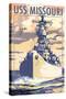 USS Missouri - Sunset Scene-Lantern Press-Stretched Canvas