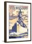 USS Missouri - Sunset Scene-Lantern Press-Framed Art Print