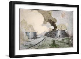 USS Monitor Fighting the CSS Merrimack, Battle of Hampton Broads, American Civil War, c.1862-null-Framed Giclee Print