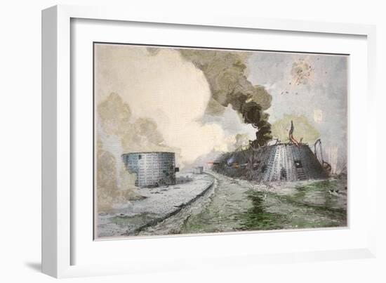 USS Monitor Fighting the CSS Merrimack, Battle of Hampton Broads, American Civil War, c.1862-null-Framed Giclee Print