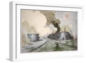 USS Monitor Fighting the CSS Merrimack, Battle of Hampton Broads, American Civil War, c.1862-null-Framed Giclee Print