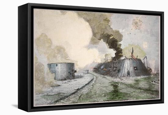 USS Monitor Fighting the CSS Merrimack, Battle of Hampton Broads, American Civil War, c.1862-null-Framed Stretched Canvas