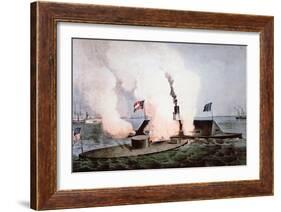 USS Monitor Fighting the CSS Merrimack, Battle of Hampton Broads, American Civil War, c.1862-null-Framed Giclee Print