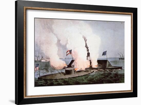 USS Monitor Fighting the CSS Merrimack, Battle of Hampton Broads, American Civil War, c.1862-null-Framed Giclee Print