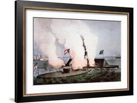 USS Monitor Fighting the CSS Merrimack, Battle of Hampton Broads, American Civil War, c.1862-null-Framed Giclee Print