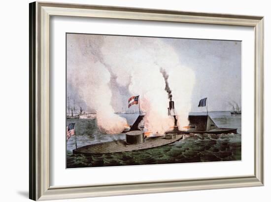 USS Monitor Fighting the CSS Merrimack, Battle of Hampton Broads, American Civil War, c.1862-null-Framed Giclee Print