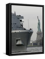 USS New York Passes the Statue of Liberty While Fireboats Spray Water in New York-null-Framed Stretched Canvas