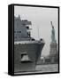 USS New York Passes the Statue of Liberty While Fireboats Spray Water in New York-null-Framed Stretched Canvas