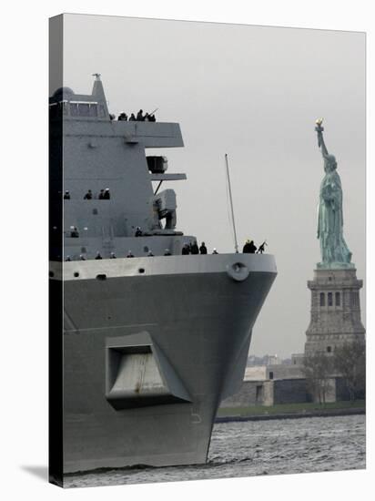 USS New York Passes the Statue of Liberty While Fireboats Spray Water in New York-null-Stretched Canvas