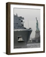 USS New York Passes the Statue of Liberty While Fireboats Spray Water in New York-null-Framed Photographic Print