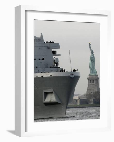 USS New York Passes the Statue of Liberty While Fireboats Spray Water in New York-null-Framed Photographic Print