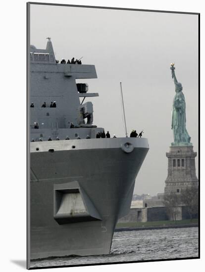 USS New York Passes the Statue of Liberty While Fireboats Spray Water in New York-null-Mounted Photographic Print