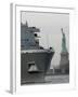 USS New York Passes the Statue of Liberty While Fireboats Spray Water in New York-null-Framed Photographic Print