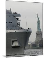 USS New York Passes the Statue of Liberty While Fireboats Spray Water in New York-null-Mounted Photographic Print