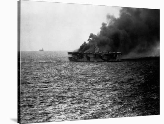 USS St Lo (Cve-63) Burning after Being Hit by Japanese Suicide Plane, Leyte Gulf, Phillipines. Clos-null-Stretched Canvas