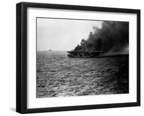 USS St Lo (Cve-63) Burning after Being Hit by Japanese Suicide Plane, Leyte Gulf, Phillipines. Clos-null-Framed Photographic Print