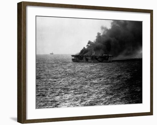 USS St Lo (Cve-63) Burning after Being Hit by Japanese Suicide Plane, Leyte Gulf, Phillipines. Clos-null-Framed Photographic Print