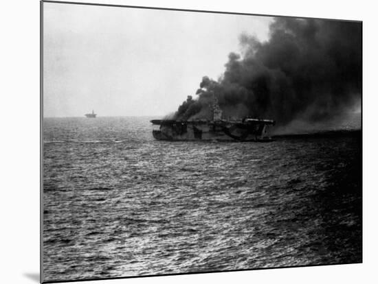 USS St Lo (Cve-63) Burning after Being Hit by Japanese Suicide Plane, Leyte Gulf, Phillipines. Clos-null-Mounted Photographic Print