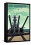 USS Wisconsin - Gun Battery-Lantern Press-Framed Stretched Canvas