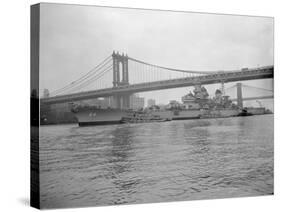 USS Wisconsin Passing beneath Manhattan Bridge-Sam Goldstein-Stretched Canvas