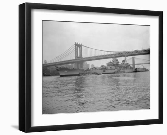 USS Wisconsin Passing beneath Manhattan Bridge-Sam Goldstein-Framed Photographic Print