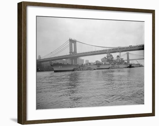 USS Wisconsin Passing beneath Manhattan Bridge-Sam Goldstein-Framed Photographic Print