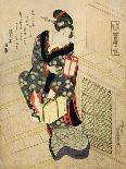 Woman Climbing the Stairs Holding a Lamp and a Box-Utagawa Sadakage-Stretched Canvas