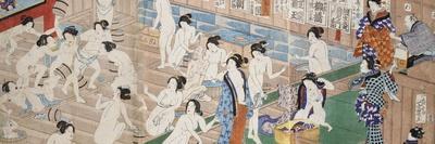 A Scene Inside a Bath House with Quarrelling Women-Utagawa Yoshiiku-Stretched Canvas