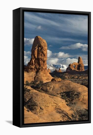 Utah, Arches National Park. Turret Arch, Monolith, and Clouds and the La Sal Mountains at Sunset-Judith Zimmerman-Framed Stretched Canvas