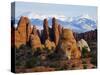 Utah, Mountains of Manti La Sal National Forest and Sandstone Pinnacles, Devils Garden-Christian Kober-Stretched Canvas