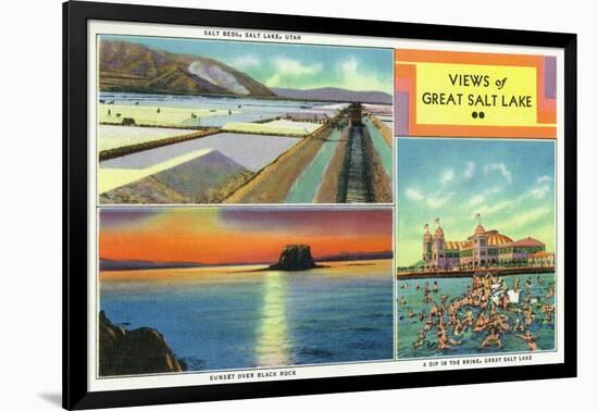 Utah, Scenic Views from Great Salt Lake, Salt Beds, Black Rock, Swimmers-Lantern Press-Framed Art Print