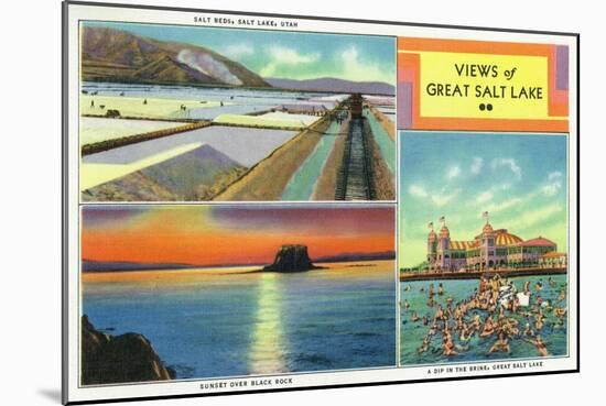 Utah, Scenic Views from Great Salt Lake, Salt Beds, Black Rock, Swimmers-Lantern Press-Mounted Art Print