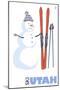 Utah, Snowman with Skis-Lantern Press-Mounted Art Print