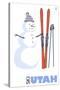 Utah, Snowman with Skis-Lantern Press-Stretched Canvas