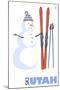 Utah, Snowman with Skis-Lantern Press-Mounted Art Print