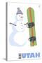 Utah, Snowman with Snowboard-Lantern Press-Stretched Canvas